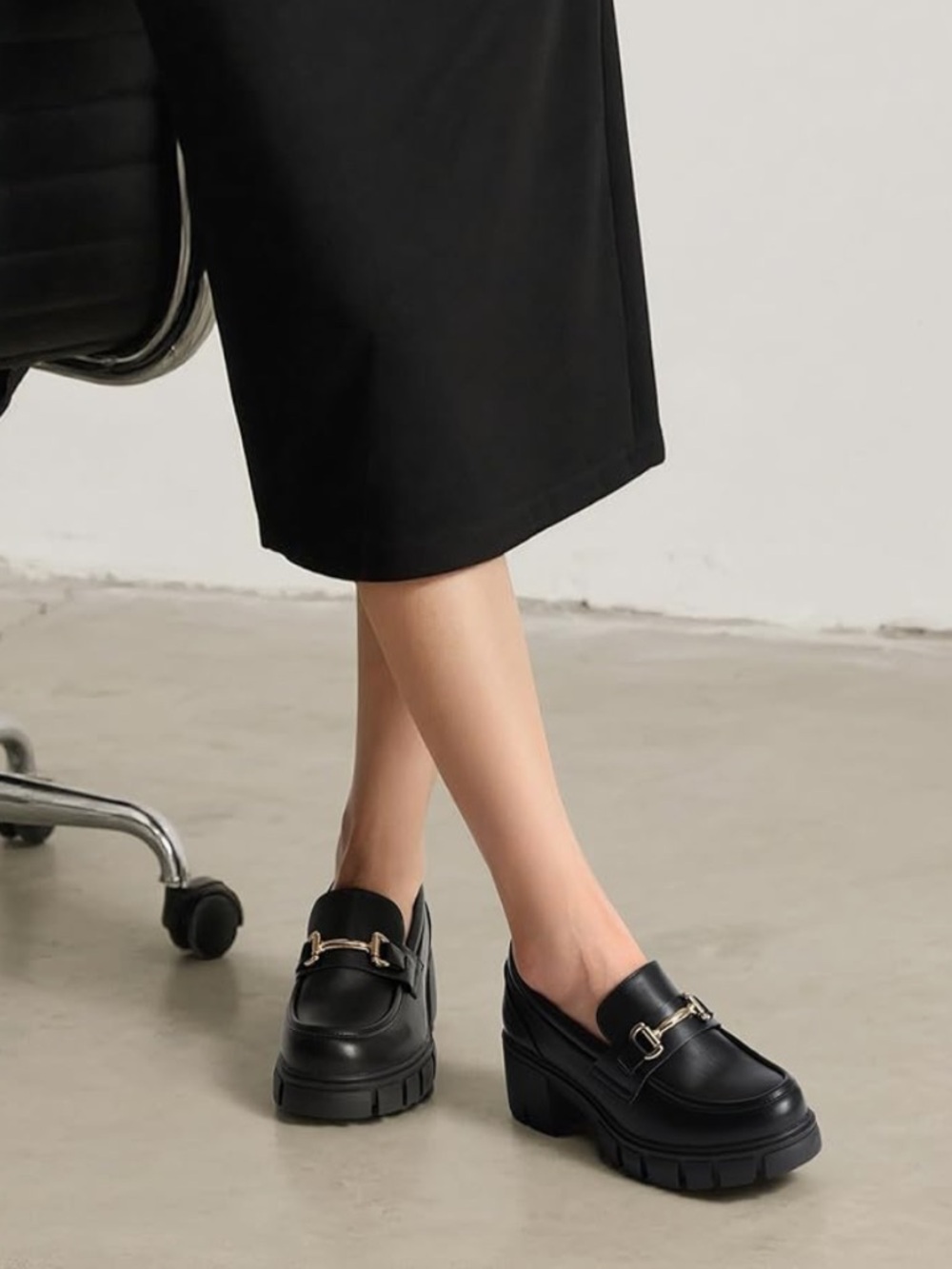 Dream Pairs Black Chunky Platform Loafers with Gold Buckle